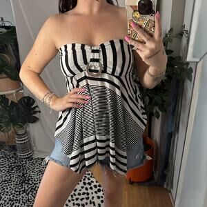 Bongo Y2K Strapless Striped Asymmetric Hem Tube Top Black Size Medium